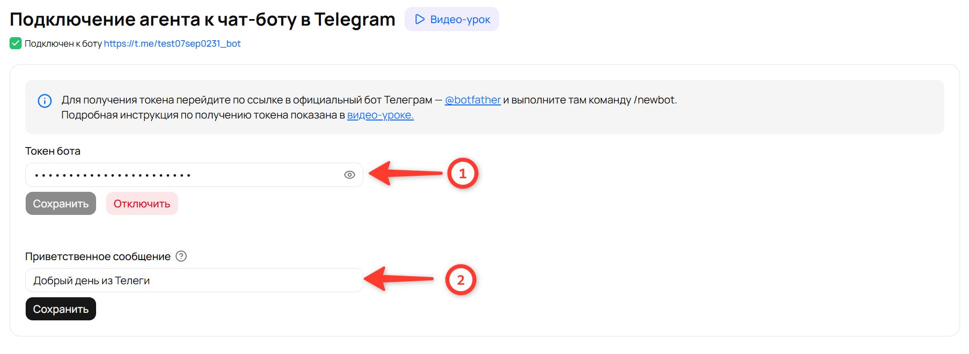 Замена токена и приветственного сообщения в настройках канала Telegram